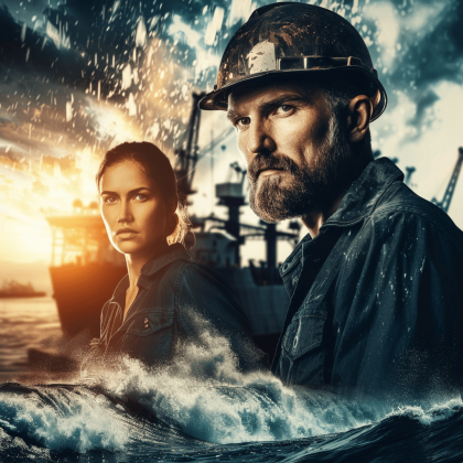 Zwei Arbeiter vor einem Megadamm in der Nordsee