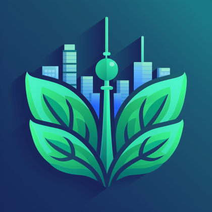 Logo der Berlin Share App. Es zeigt den Berliner Funkturm, aufragen aus überlappenden Blättern mit der Skyline Berlins im Hintergrund.