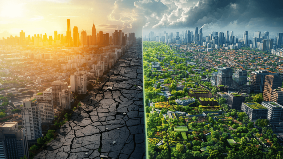 Geteiltes Bild: Eine Seite zeigt eine ausgetrocknete Stadt, die andere eine blühende Stadt. Symbol für verschlafene Klimaanpassung
