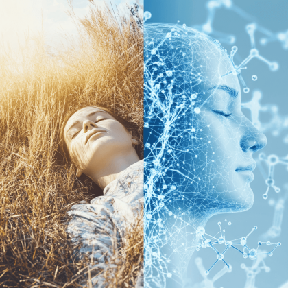 Symbolbild für ein fiktives Psychopharmaka, das gegen die pyschologischen Folgen des klimawandels eingenommen werden kann. Es zeigt einen geteilten Bildschirm mit einer Frau, die auf ausgedörrtem Gras liegt. Daneben ist eine medizinische Abbildung eines Gesichts mit einem angenehmen Gesichtsausdruck.