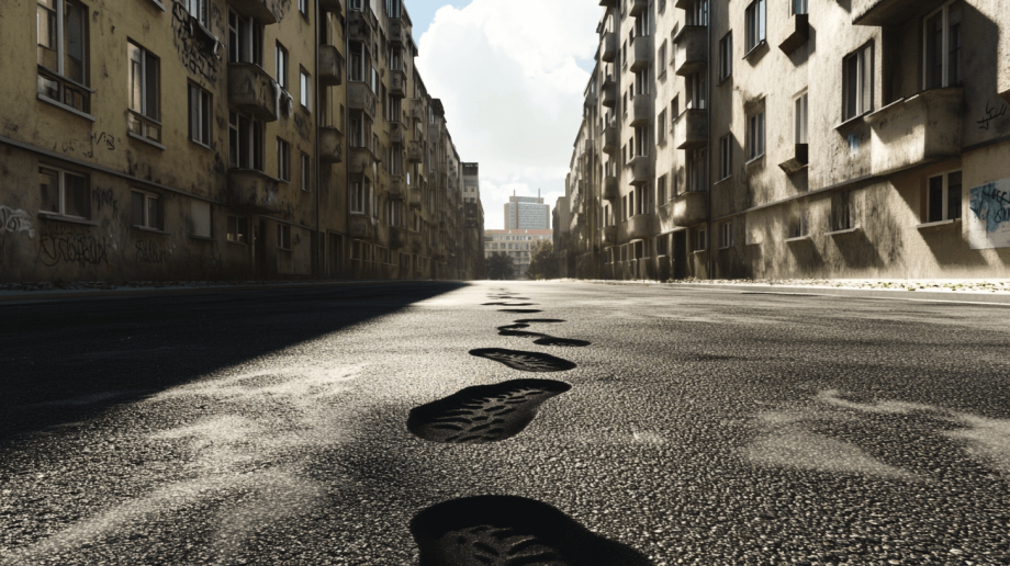 Schuhabdrücke im Asphalt. Symbolbild für die Stadt im Jahr 2050 mit unzureichenden Klimaanpassungen