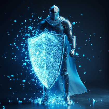 Ein Ritter, an dessen Schild Partikel zerschellen. Der Ritter symbolisiert Schutz vor Mikroplastik.