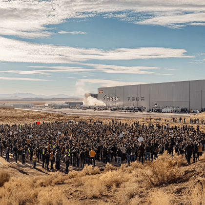 Demonstrationen vor dem tesla werk.