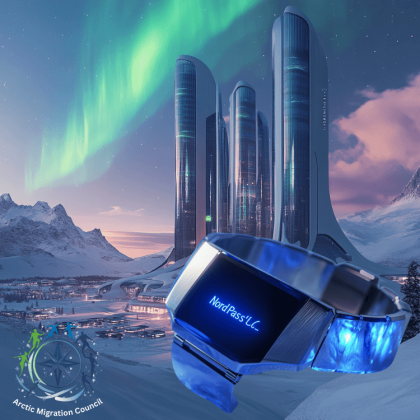 Logo des fiktiven "Arctic Migration Council" mit einer Kompassrose und stilisierten Menschen, die drumherum tanzen. Im Hintergrund eine futuristische Siedlung in der Arktis mit einem Nordlicht im Himmel. Im Vordergund ein Armand. Keyvisual, das mögliche Anwerbeaktionen reicher Länder in von Dürre bedrohten Regionen visualisiert.