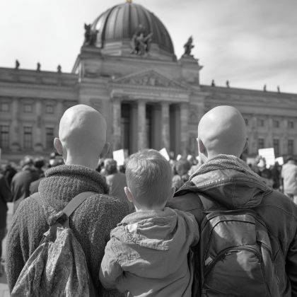 Rückenansicht von zwei kahlköpfigen Menschen. In deren Mitte ein junge, der nicht kahlköpfig ist. Vor ihnen eine große Gruppe Demonstrierender. Im Hintergrund der Bundestag.