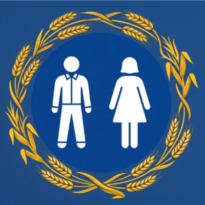 Toilettensymbol eines Manne und einer Frau umringt von Ähre und Korn auf blauem Grund.